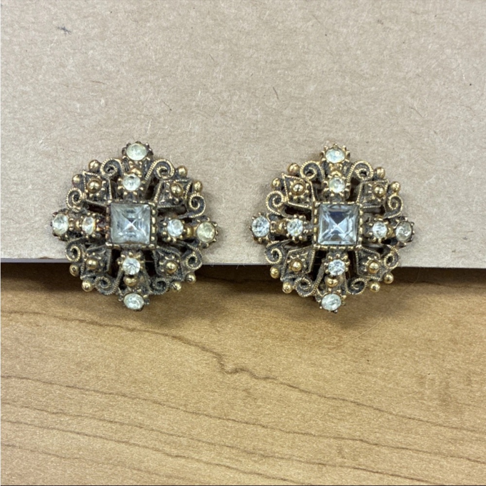 Florenza Signed Beautiful Antique Clip On Rhinestone Earrings Gold Tone